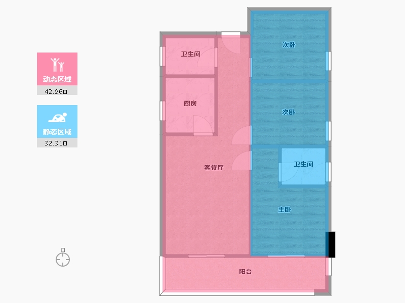 湖南省-长沙市-新长海广场H栋86.61㎡户型-68.09-户型库-动静分区