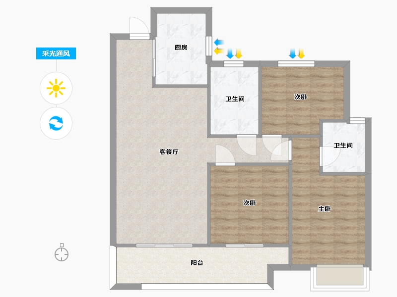 湖南省-长沙市-融创会展上东区3,4,8号楼B户型107m²-85.60-户型库-采光通风