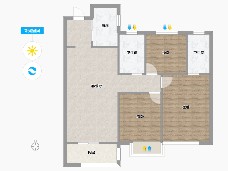 湖南省-长沙市-金地艺境G1栋B-1户型106m²-85.03-户型库-采光通风