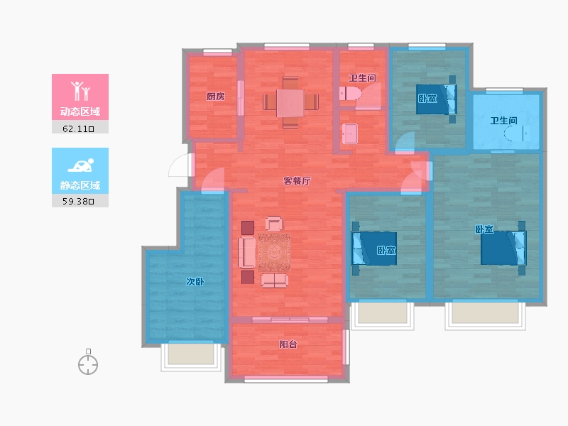 江苏省-南京市-远洋山水C户型135m²-108.00-户型库-动静分区