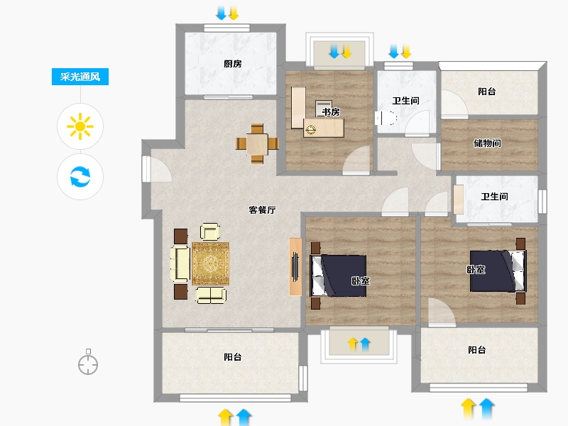 江苏省-南京市-熙悦7幢,9幢D2户型117m²-93.20-户型库-采光通风