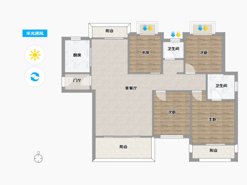 湖南省-长沙市-富兴悦府建面130㎡-102.37-户型库-采光通风