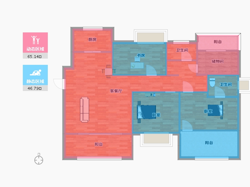 江苏省-南京市-熙悦20幢,6幢E户型128m²-101.92-户型库-动静分区