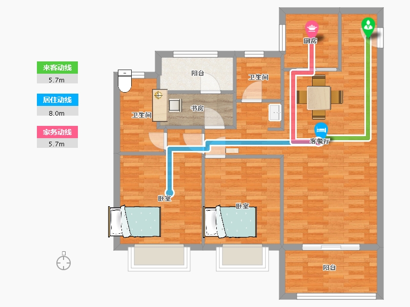 江苏省-南京市-燕熙台B户型106m²-84.44-户型库-动静线