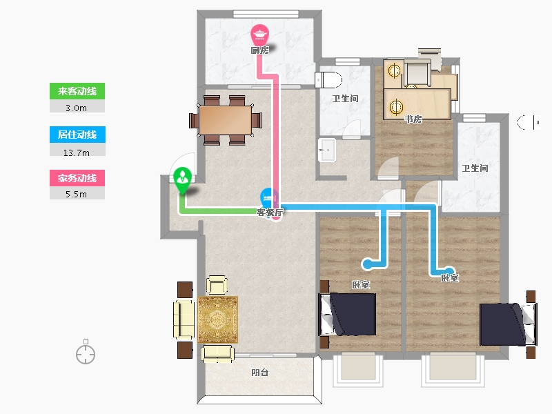 江苏省-南京市-汤山玉兰公馆1幢,6幢B1户型105m²-84.00-户型库-动静线