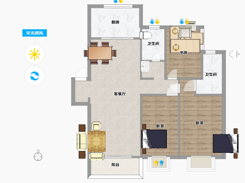 江苏省-南京市-汤山玉兰公馆1幢,6幢B1户型105m²-84.00-户型库-采光通风