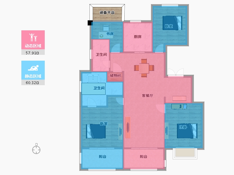 江苏省-南京市-融侨观澜1幢,2幢E户型135m²-111.01-户型库-动静分区