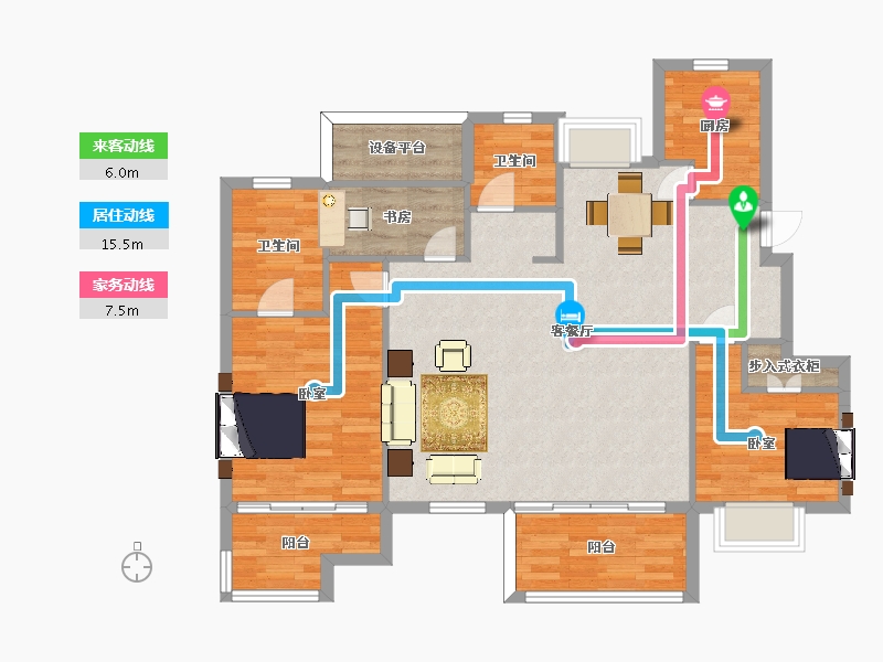 江苏省-南京市-荣盛隽峰雅苑C3户型130m²-104.40-户型库-动静线