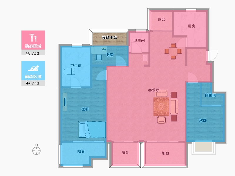 江苏省-南京市-荣盛隽峰雅苑B2户型132m²-106.19-户型库-动静分区