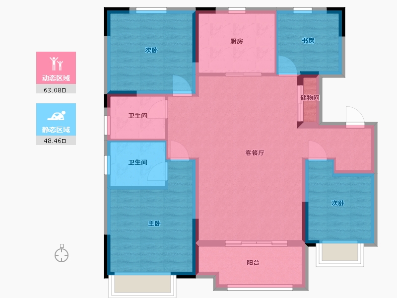 江苏省-南京市-美的雍翠园10幢,7幢,8幢,9幢B户型125m²-100.01-户型库-动静分区