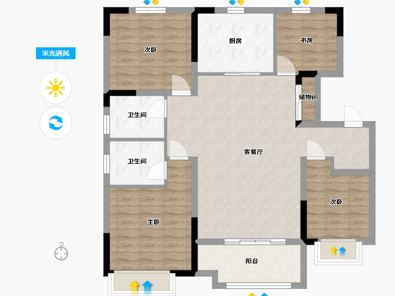 江苏省-南京市-美的雍翠园10幢,7幢,8幢,9幢B户型125m²-100.01-户型库-采光通风