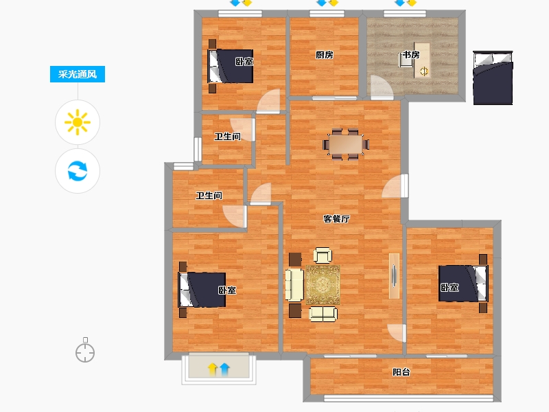 江苏省-南京市-葛洲坝阳光城鼓印蘭园6幢,A户型130m²-104.00-户型库-采光通风