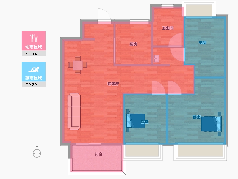 江苏省-南京市-华侨城翡翠天域K1,K2,K6幢A1户型92m²-74.00-户型库-动静分区