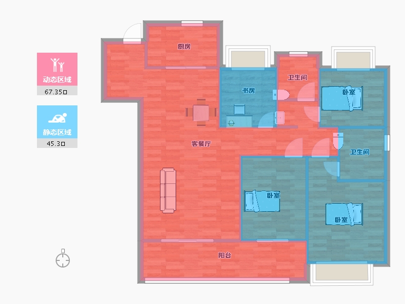 江苏省-南京市-锦麟融誉府1幢,3幢,5幢C户129m²-103.00-户型库-动静分区