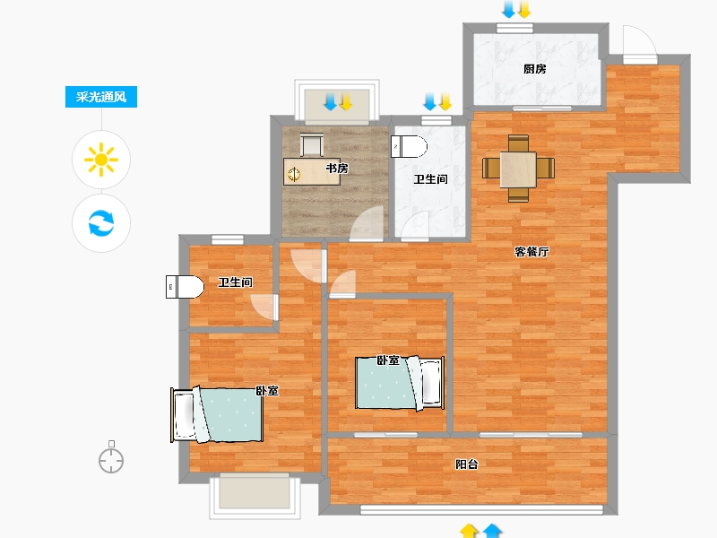 江苏省-南京市-锦麟融誉府1幢,5幢B户型109m²-86.99-户型库-采光通风