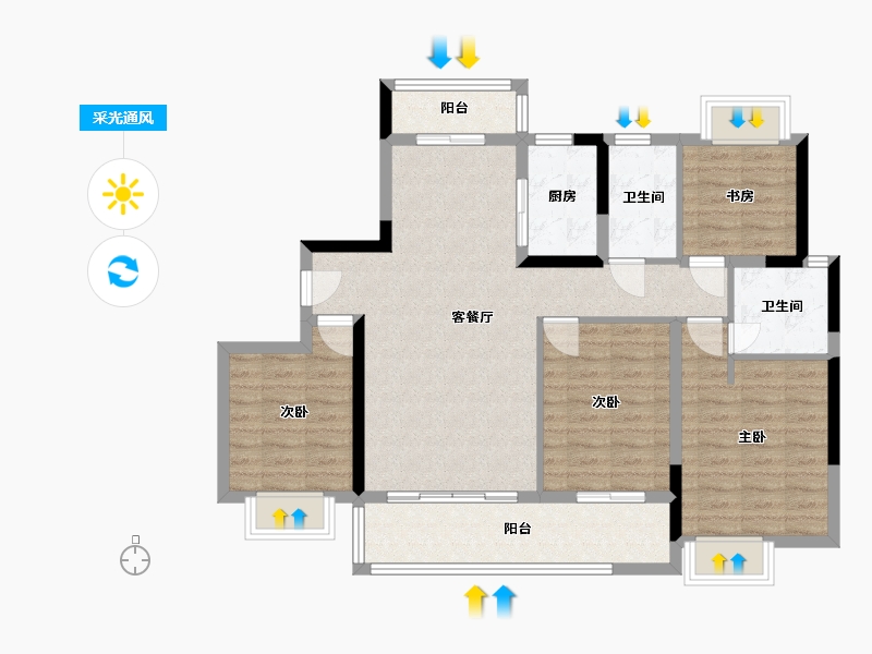 湖南省-长沙市-大汉汉府建面130㎡-98.58-户型库-采光通风