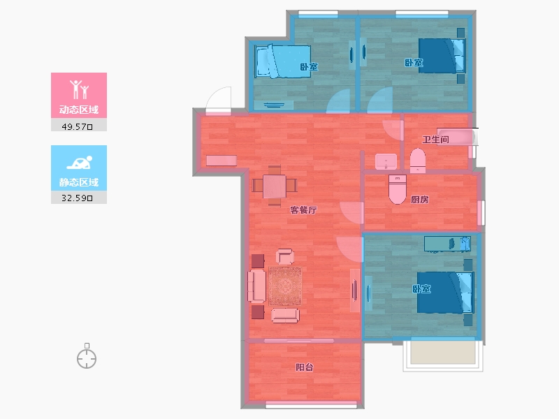 江苏省-南京市-龙湖天钜2幢,3幢,10幢B户型94m²-75.00-户型库-动静分区