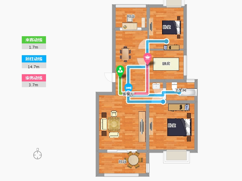 江苏省-南京市-石林云城22幢,23幢H1户型91m²-73.06-户型库-动静线