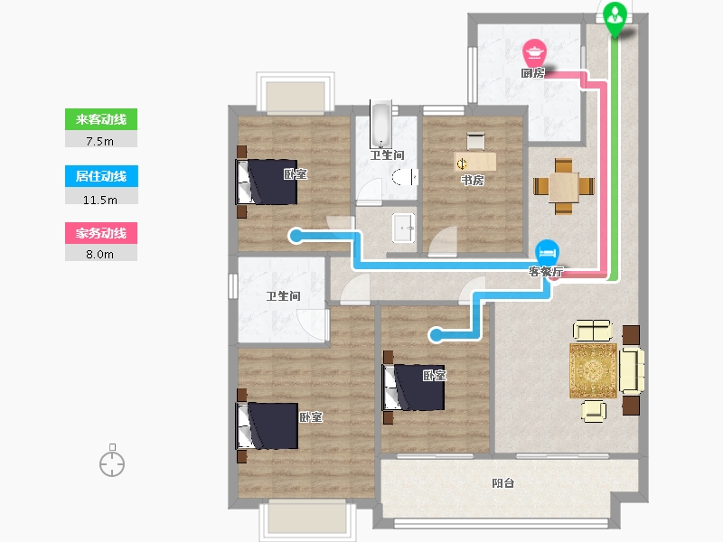 江苏省-南京市-雅居乐雅尊府6幢,3幢B户型130m²-104.00-户型库-动静线