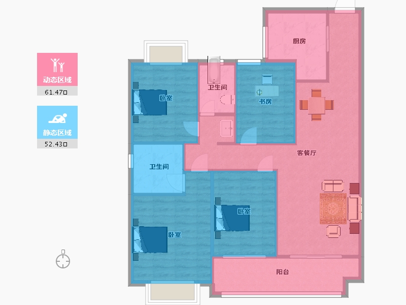 江苏省-南京市-雅居乐雅尊府6幢,3幢B户型130m²-104.00-户型库-动静分区