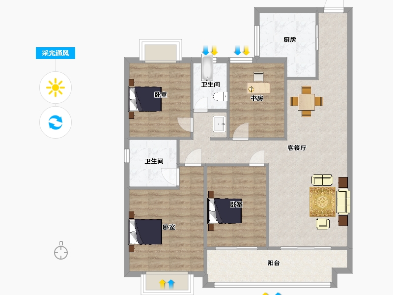 江苏省-南京市-雅居乐雅尊府6幢,3幢B户型130m²-104.00-户型库-采光通风