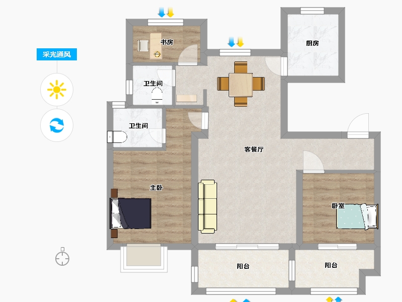 江苏省-南京市-北京城建西华龙樾88㎡-70.00-户型库-采光通风