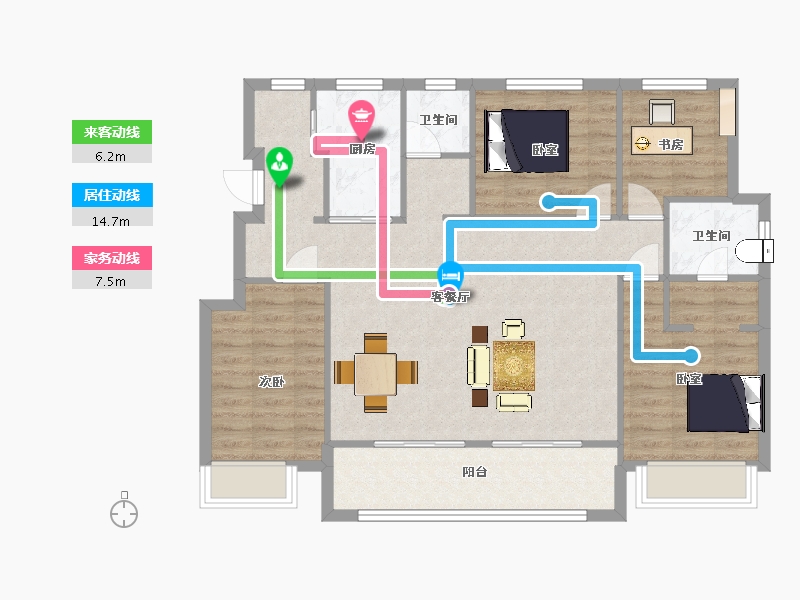 江苏省-南京市-江山大境B-03幢F3户型128m²-101.99-户型库-动静线