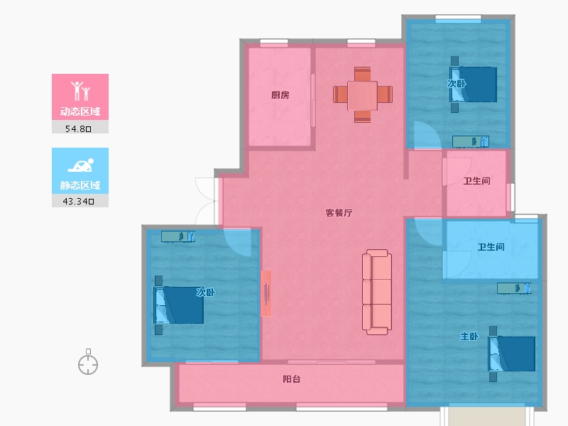 江苏省-南京市-荣盛昱龙府龙池御府A2户型113m²-90.00-户型库-动静分区