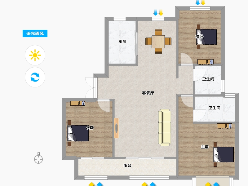 江苏省-南京市-荣盛昱龙府龙池御府A2户型113m²-90.00-户型库-采光通风