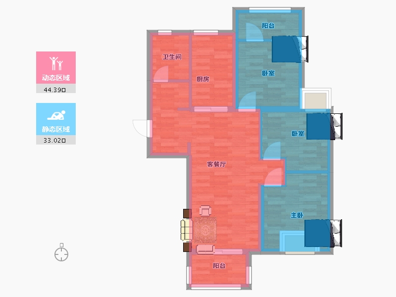 江苏省-南京市-卓越蔚蓝星宸苑14幢,9幢,5幢,2幢B户型86m²-68.84-户型库-动静分区