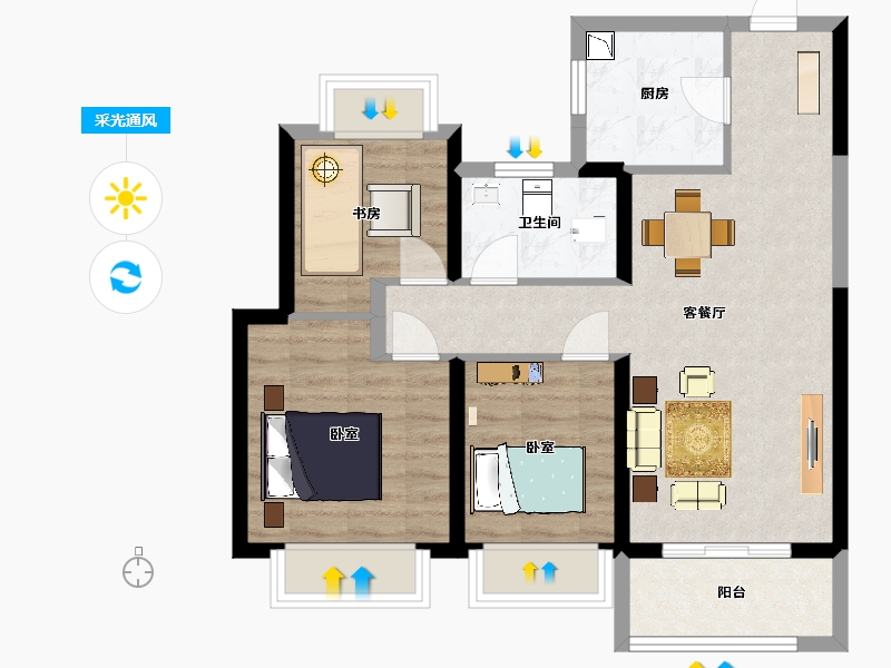 江苏省-南京市-西江瑞府风华鎏光89㎡-71.07-户型库-采光通风