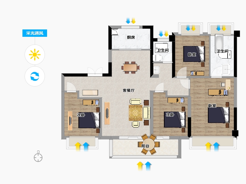 江苏省-南京市-山和宸园D2户型和鸣139㎡-110.35-户型库-采光通风