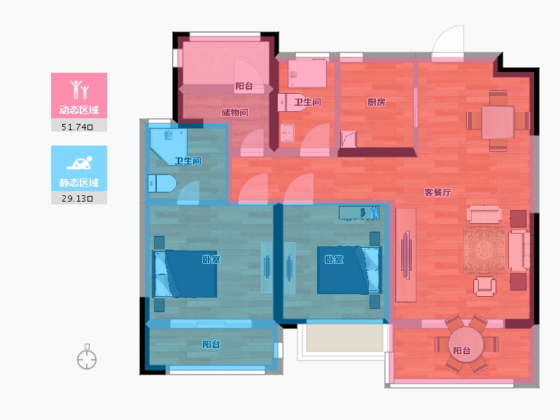 江苏省-南京市-新保弘领东苑A户型89m²-70.81-户型库-动静分区