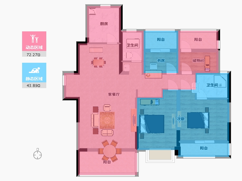 江苏省-南京市-新保弘领东苑C户型128m²-101.76-户型库-动静分区