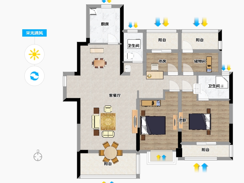 江苏省-南京市-新保弘领东苑C户型128m²-101.76-户型库-采光通风