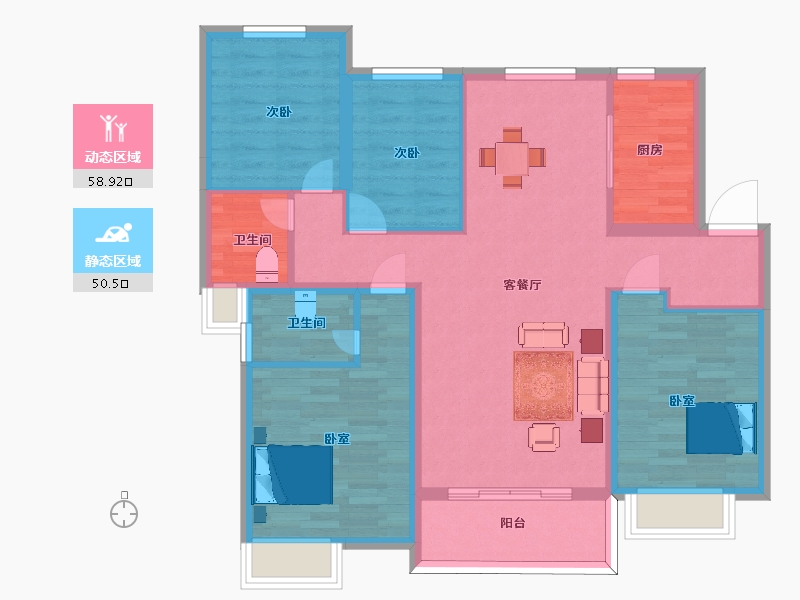 江苏省-南京市-中海原山9幢,10幢,11幢,A3户型122m²-98.00-户型库-动静分区