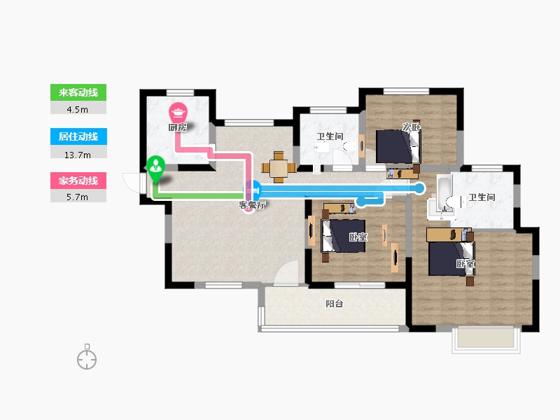 江苏省-南京市-山水云房花园37幢,39幢128㎡户型-101.30-户型库-动静线