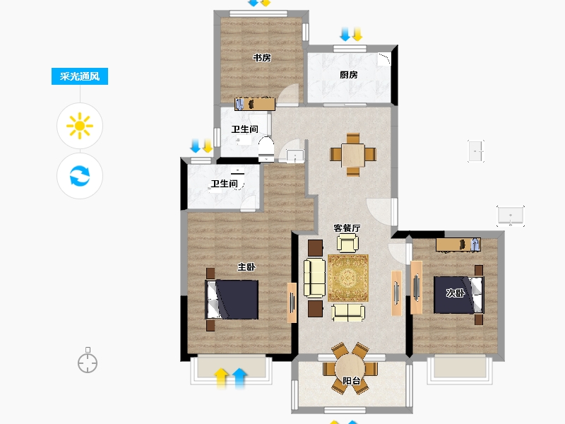 江苏省-南京市-招商雍宁府17幢,21幢G2户型121m²-96.86-户型库-采光通风