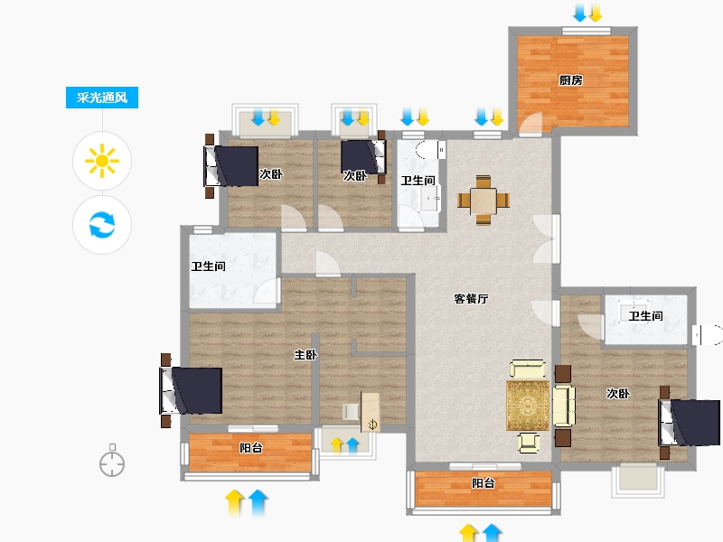 江苏省-南京市-三金鑫宁府1幢D户型170m²-135.99-户型库-采光通风