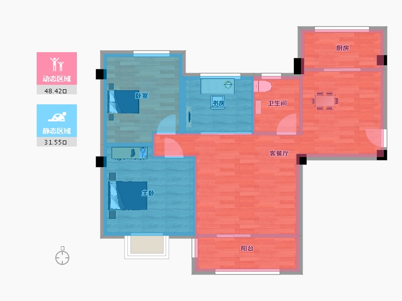 江苏省-南京市-力标赞城10幢A1户型90m²-72.10-户型库-动静分区