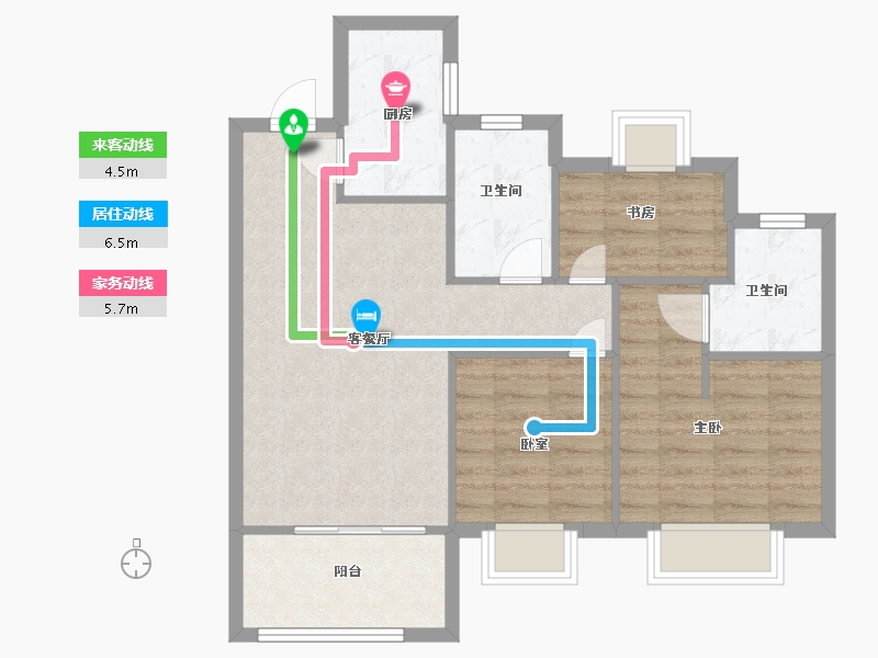 江苏省-南京市-金轮翠雍华庭B2户型91m²-72.79-户型库-动静线