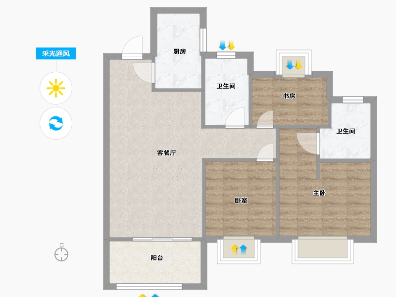 江苏省-南京市-金轮翠雍华庭B2户型91m²-72.79-户型库-采光通风