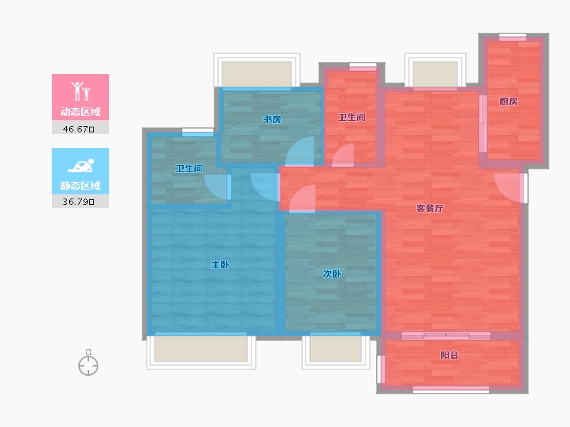 江苏省-南京市-金轮翠雍华庭3幢B3户型93m²-74.40-户型库-动静分区