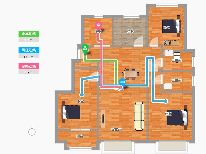 山东省-青岛市-中骏丽景府12号楼D户型118m²-94.40-户型库-动静线