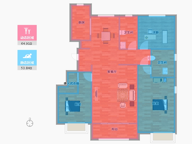 山东省-青岛市-鑫坤临水宜家136m²-108.79-户型库-动静分区