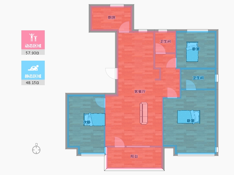 山东省-青岛市-天一仁和宸璟都会12栋D户型120m²-96.58-户型库-动静分区