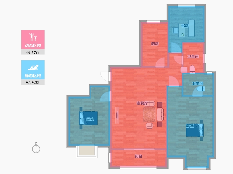 山东省-青岛市-鑫江桂花园汀香27号楼,28号楼110㎡-88.00-户型库-动静分区