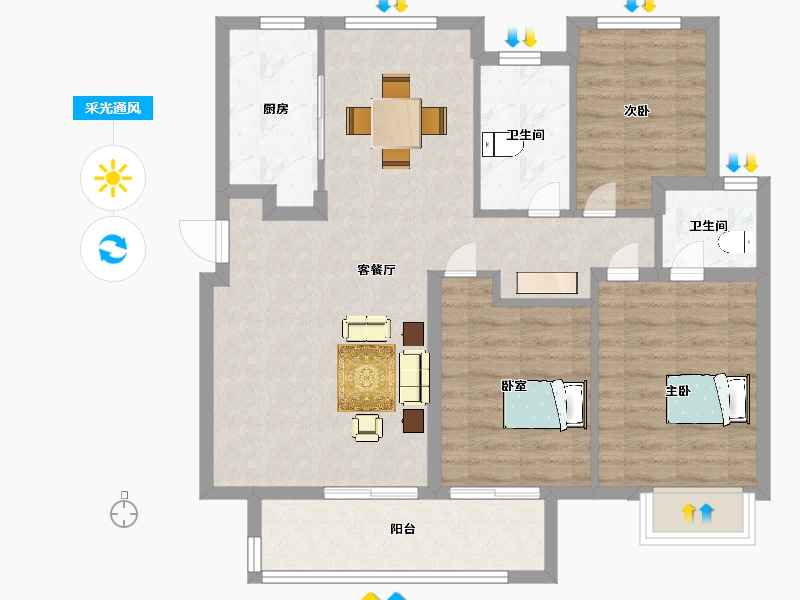 江苏省-苏州市-中骏云景台10,11,14,15,16栋106㎡-85.00-户型库-采光通风