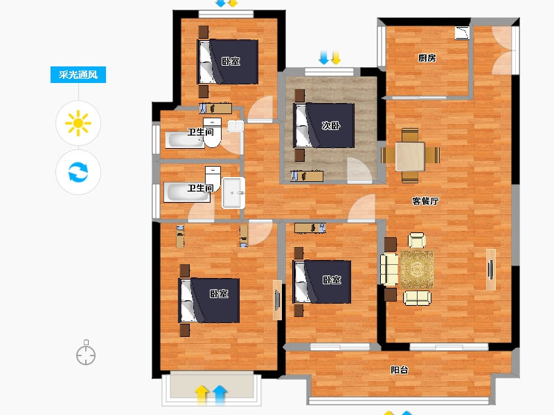 江苏省-苏州市-绿地太湖朗峯户型3栋B136m²-109.05-户型库-采光通风