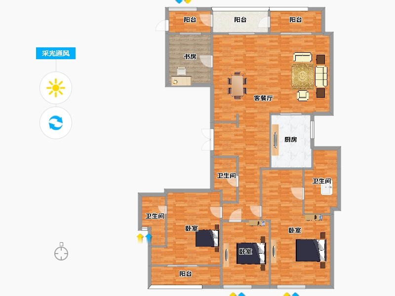 江苏省-苏州市-苏州湾景苑苏州湾壹号-高层20栋A户型241m²-193.43-户型库-采光通风